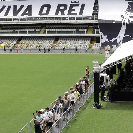 Fila de fãs no gramado da Vila Belmiro para ver o corpo do Rei Pelé - Marcelo Justo/UOL