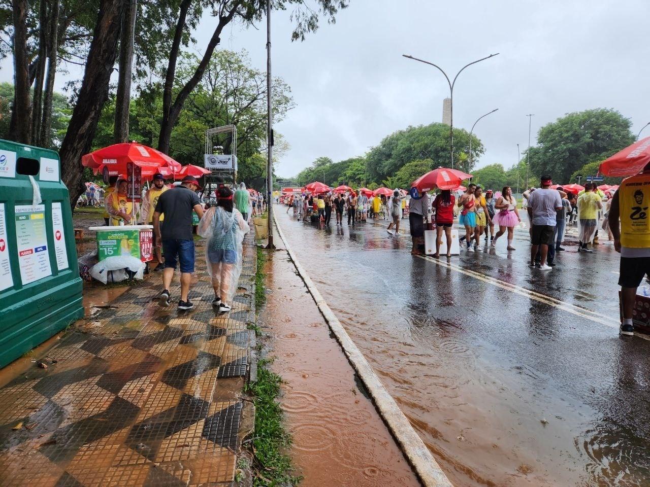 Outras pessoas desistem de acompanhar o bloco no Ibirapuera com o aumento da chuva - Camila Corsini/UOL