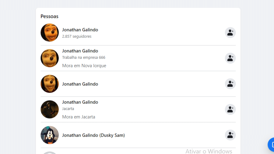 Lista de perfis no Facebook de "Jonathan Galindo", também conhecido como Homem-Pateta - Reprodução
