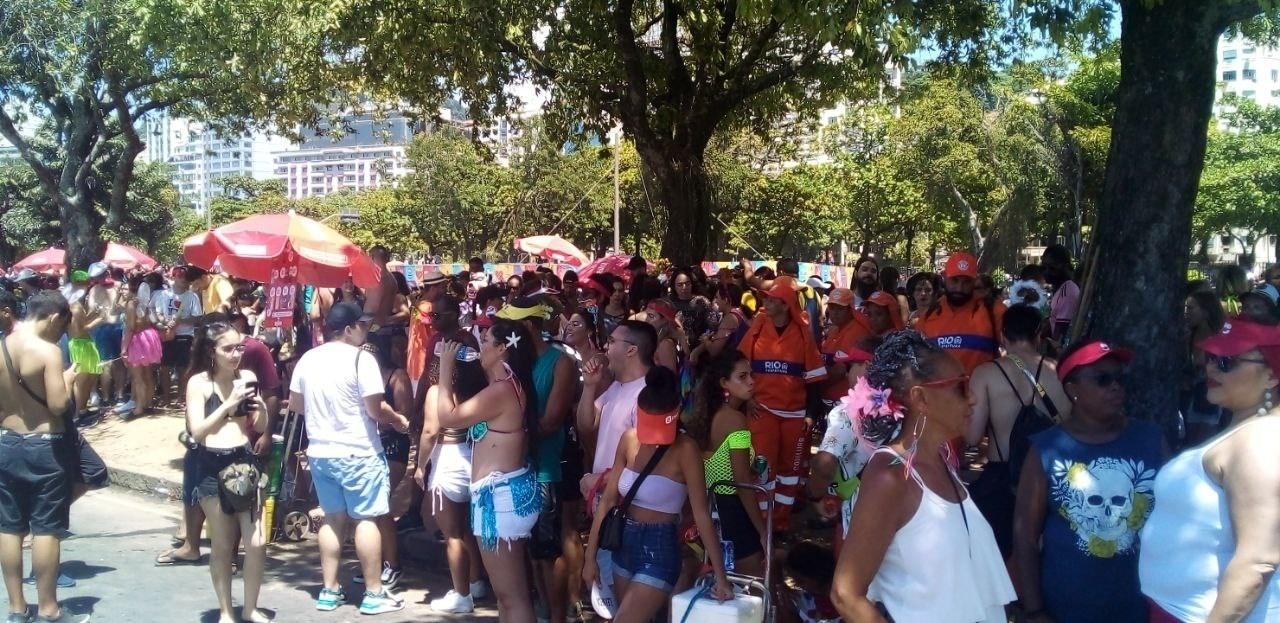 No Bloco do Sargento Pimenta, foliões tomaram o Aterro de Flamengo e curtem a folia debaixo das árvores. Quem não encontra uma sombra, tenta se refrescar com os caminhões-pipa instalados ao lado do palco - Henrique Nascimento/UOL