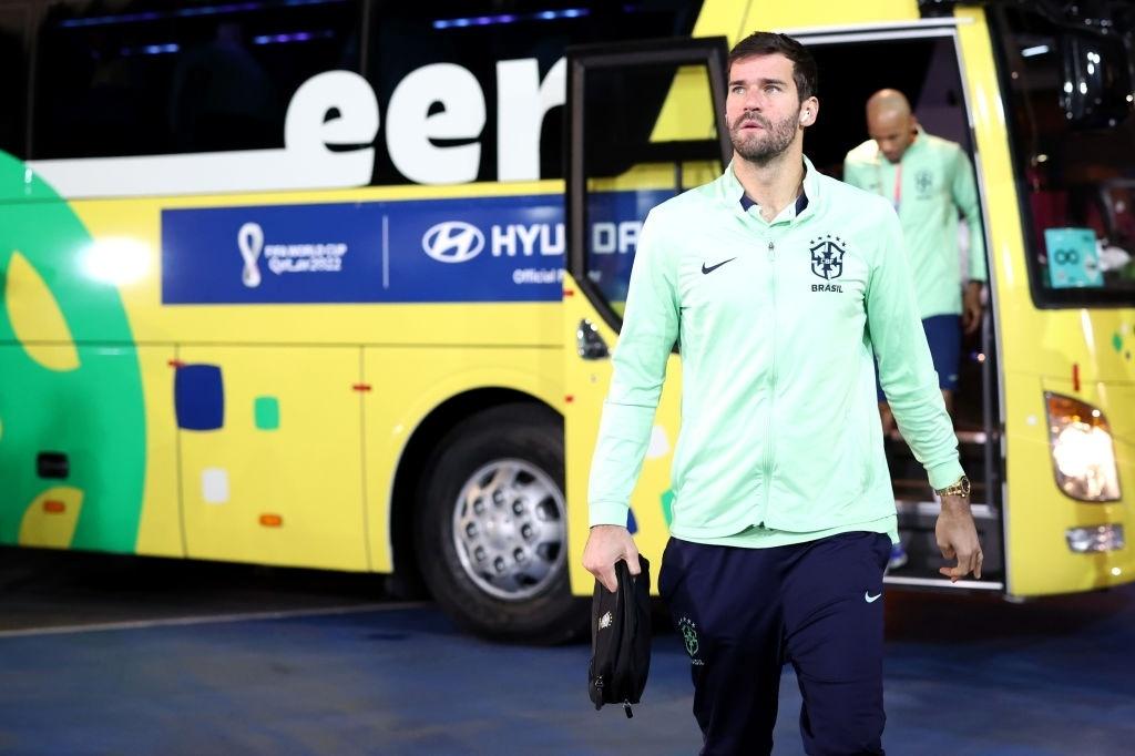 Brazil goalkeeper Alisson arrives at Stadium 974 for the match against South Korea - Maddie Meyer - FIFA/FIFA via Getty Images