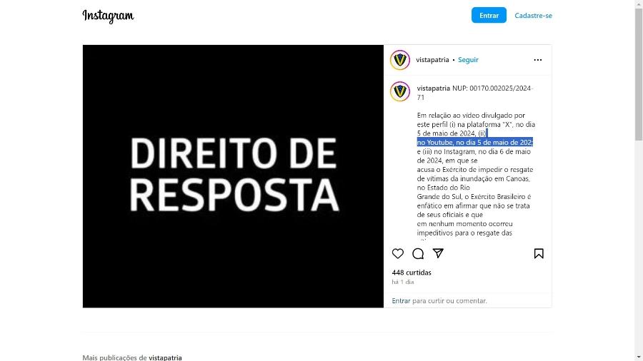 Canal 'Vista Pátria' divulga direito de resposta do Exército sobre fake news no RS