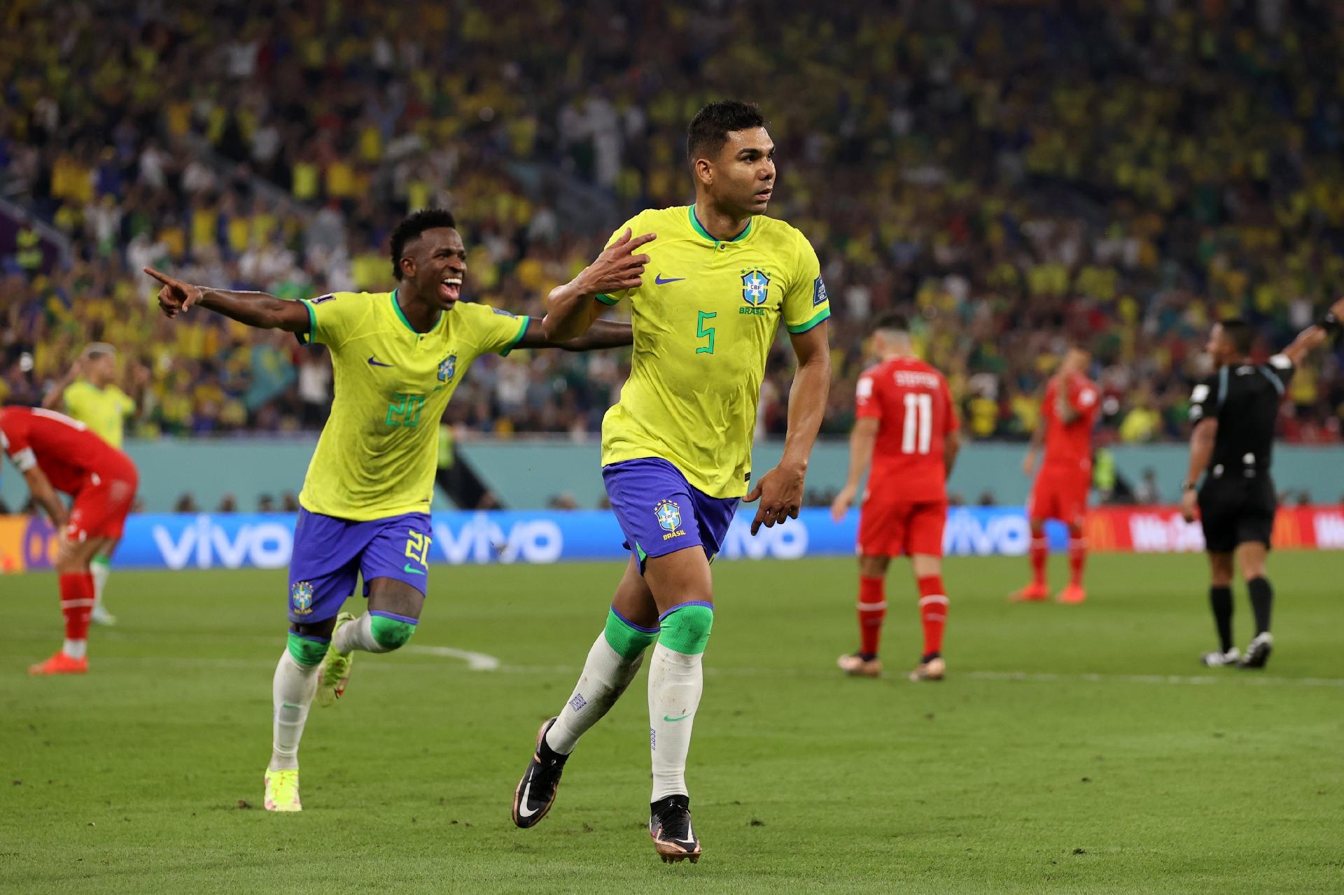 Casemiro celebrates after scoring for Brazil against Switzerland at the Qatar World Cup - Clive Brunskill / Team