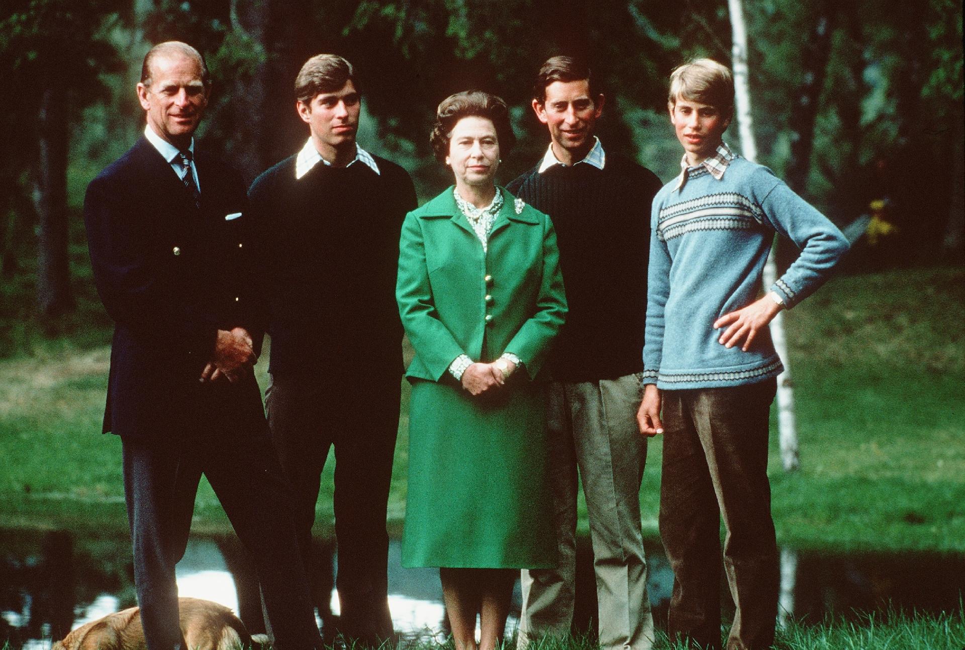 Queen Elizabeth II in a family photo with her husband Prince Philip and children Andrew, Charles and Edward in Scotland in 1979 - Getty Images