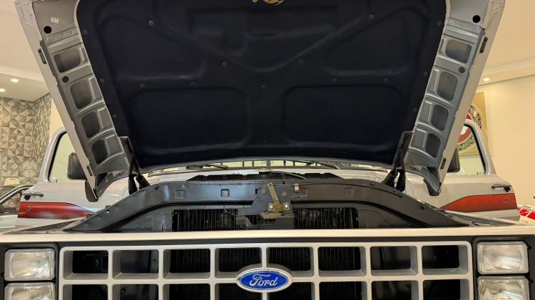 Cofre do motor a diesel preserva todos os adesivos originais; Ford F-1000 está 100% operacional