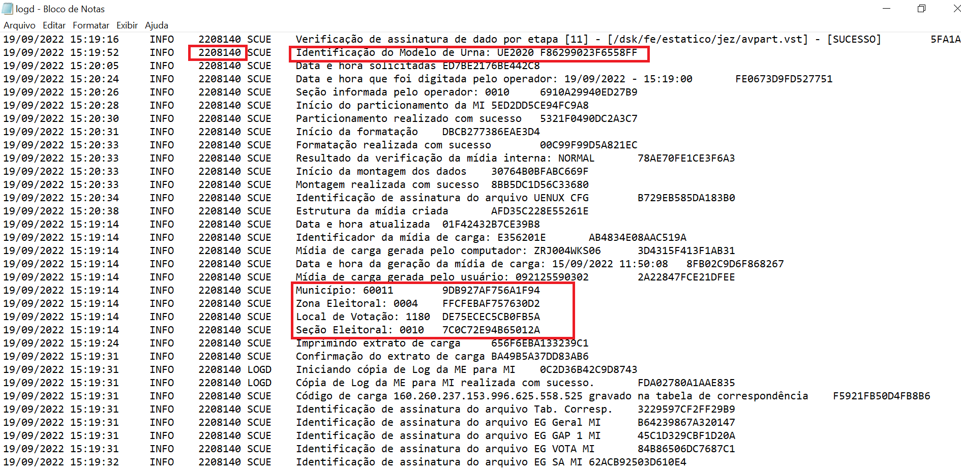 Na seção 0010, da zona eleitoral 0004 no Rio de Janeiro (RJ) também foi utilizada uma urna do modelo 2020. Veja que os códigos diferem entre urnas deste modelo, como a mostrada anteriormente.  - Reprodução/TSE