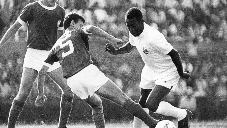 26/03/1972. Os jogadores Leivinha (e), Dudu (camisa 5), do Palmeiras e Pelé, do Santos, durante partida válida pelo Campeonato Paulista de Futebol, no estádio do Pacaembu, em São Paulo.