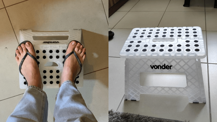 Banqueta dobrável possui uma alça para transporte quando fechada Banqueta dobrável possui uma alça para transporte quando fechada