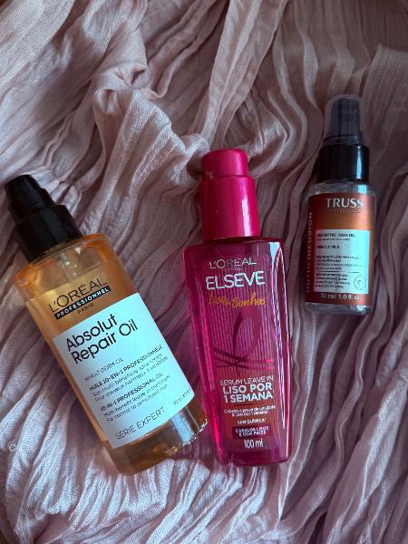 Óleos para cabelo L"Oréal Professionnel Absolut Repair,  Elseve Liso dos Sonhos e Truss Nutri Infusion - Jéssica Nascimento/Arquivo pessoal