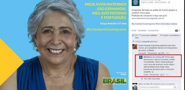 Comentário do Ministério da Justiça em post diz que jihadistas "trazem progresso ao Brasil" - Reprodução/Facebook