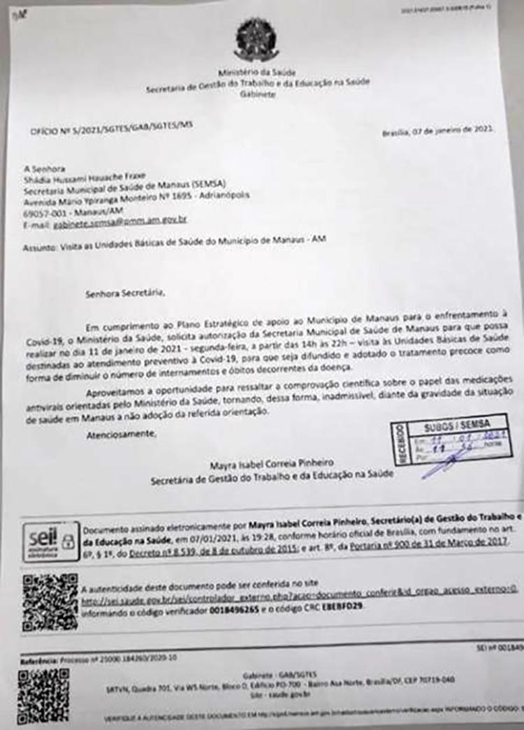 Ofício do Ministério da Saúde promovendo o chamado "tratamento precoce", sem eficácia contra covid-19, em Manaus - Imagem cedida ao UOL - Imagem cedida ao UOL