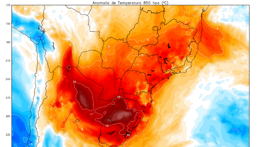 Mapa de hoje mostra mostra massa de ar quente que ainda atua no Centro-Oeste, no Sudeste e no Sul do Brasil - Reprodução/Metsul