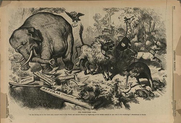 Charge "Third Term Panic", de Thomas Nast, foi publicada na revista Harper's Weekly em 1847