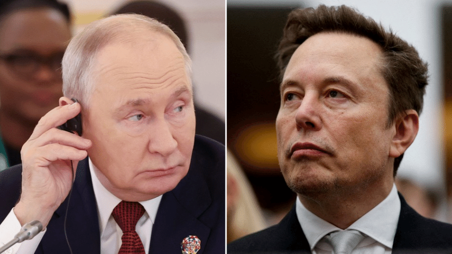 O presidente da Rússia, Vladimir Putin (à esquerda), e o empresário sul-africano Elon Musk O presidente da Rússia, Vladimir Putin (à esquerda), e o empresário sul-africano Elon Musk