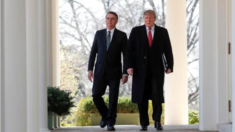 Bolsonaro e Trump em encontro em março de 2019; os dois compartilham agenda ideológica e métodos de fazer política - Reuters/Carlos Barria