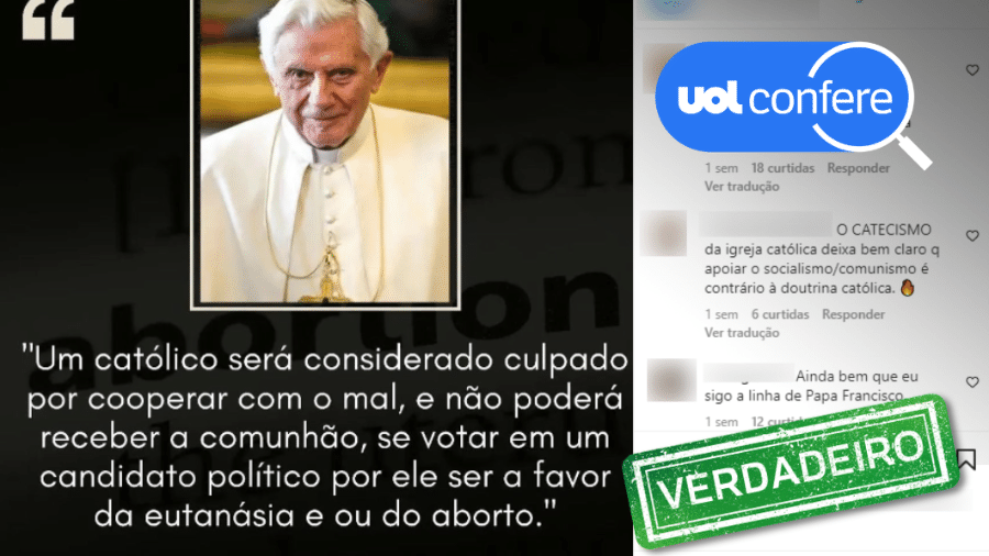 29.out.2022 - Trecho é de carta enviada por Ratzinger quando ainda não havia se tornado papa - Arte/UOL Confere sobre Reprodução/Instagram