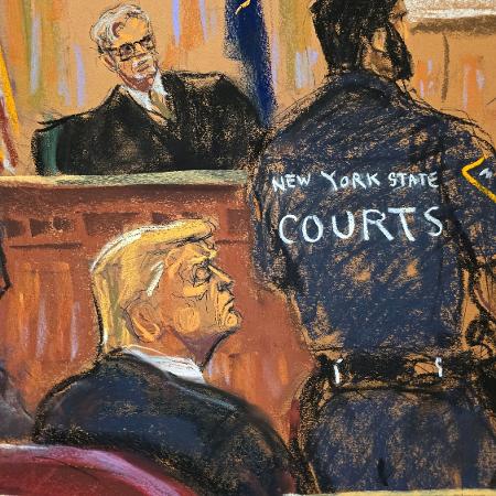 Desenho do tribunal mostra Trump reagindo à leitura de veredito de júri em julgamento criminal em Nova York