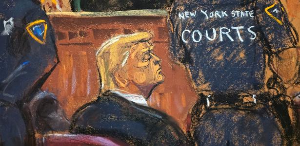 Desenho do tribunal mostra Trump reagindo à leitura de veredicto de júri em julgamento criminal