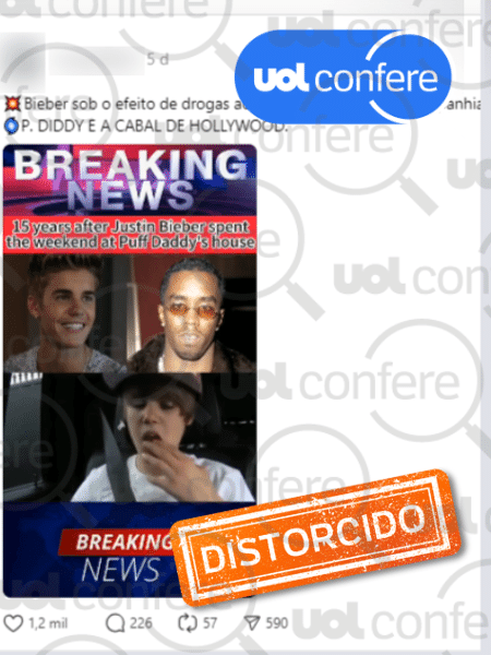 4.out.2024 - Post engana ao insinuar que P. Diddy drogou Justin Bieber na adolescência