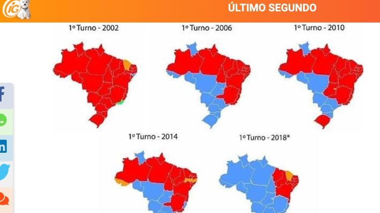 05.nov.2024 - Mapas originais, publicados no iG, mostram resultados de eleições presidenciais no Brasil, diferente do colocado no post desinformativo