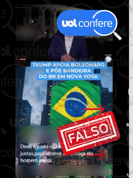 30.jul.2025 - Trump não mandou exibir bandeira do Brasil para apoiar Bolsonaro - Arte/UOL sobre Reprodução/Instagram