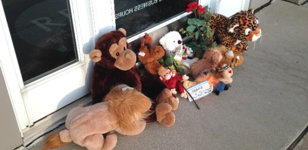 Animais de pelúcia são colocados como protesto na porta da clínica do dentista Walter James Palmer em Bloomington, Minnesota (EUA). Ele pagou US$ 50 mil a guias locais e matou o leão Cecil durante uma caçada no Zimbábue - David Bailey/Reuters