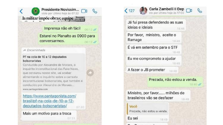Mensagens de Moro com o presidente Jair Bolsonaro (esq.) e a deputada Carla Zambelli (direita) - Reprodução