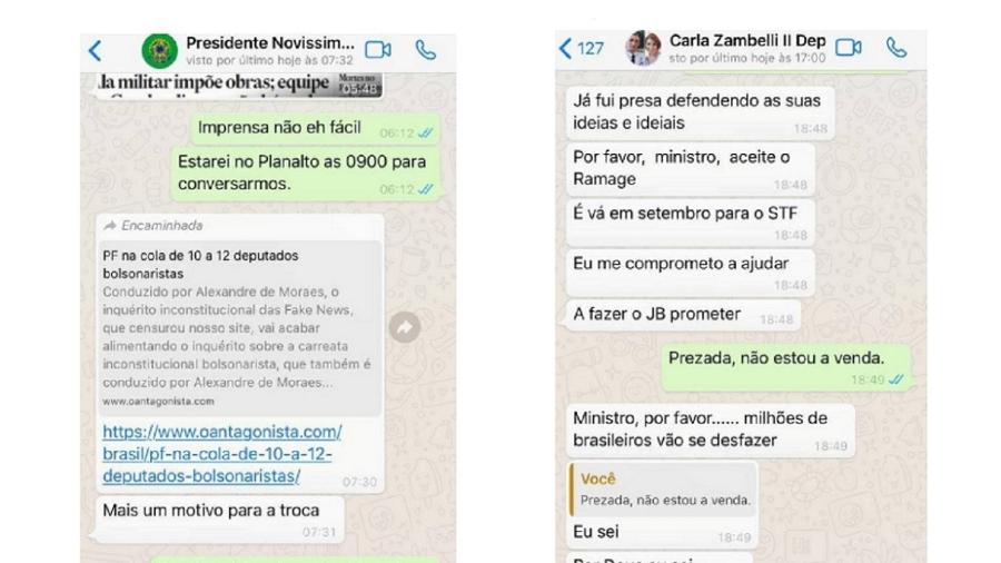 Troca de mensagens entre Moro e Bolsonaro e entre Moro e Carla Zambelli - Reprodução