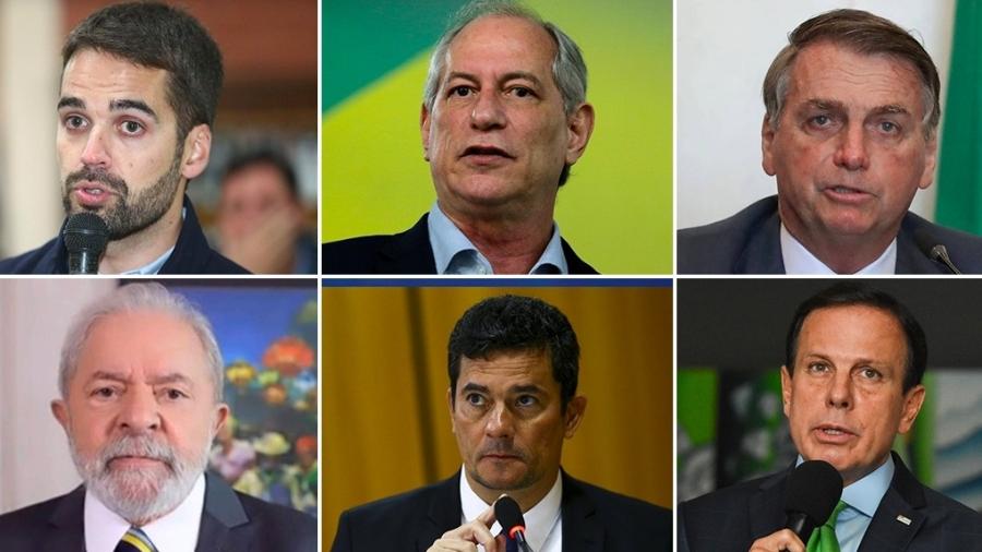 Em sentido horário a partir do alto à esquerda: Eduardo Leite (PSDB), Ciro Gomes (PDT), Jair Bolsonaro (sem partido), João Doria (PSDB), Sergio Moro (sem partido), Lula (PT), nomes cotados para a disputa pelo Planalto em 2022 - Arte/ UOL