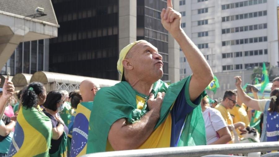 Manifestante favorável ao presidente Bolsonaro em ato em São Paulo - Pedro Moreira/Revista Esquinas