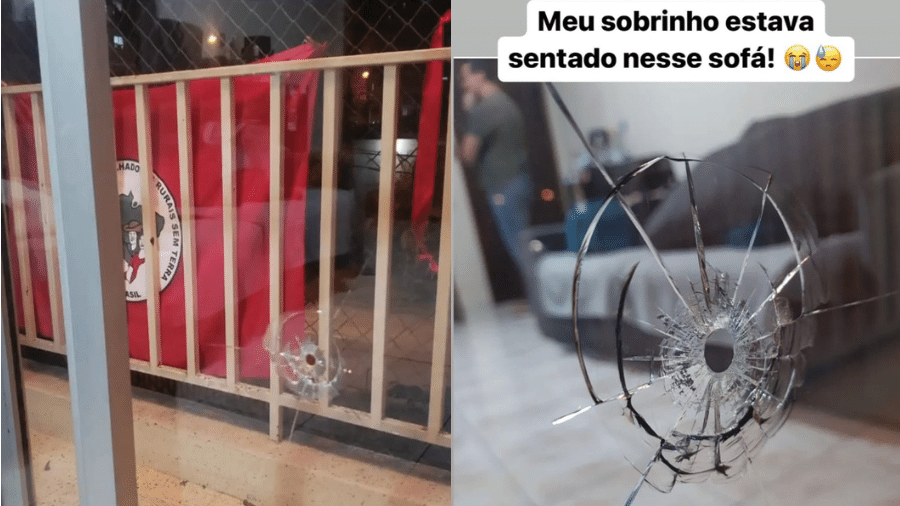 Bandeira do MST estava estendida em janela atingida por tiro no bairro de Ahu, em Curitiba - Reprodução
