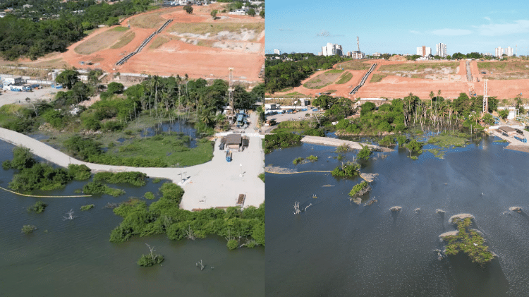 Montagem mostra o antes e o depois do rompimento ocorrido em um trecho da lagoa Mundaú