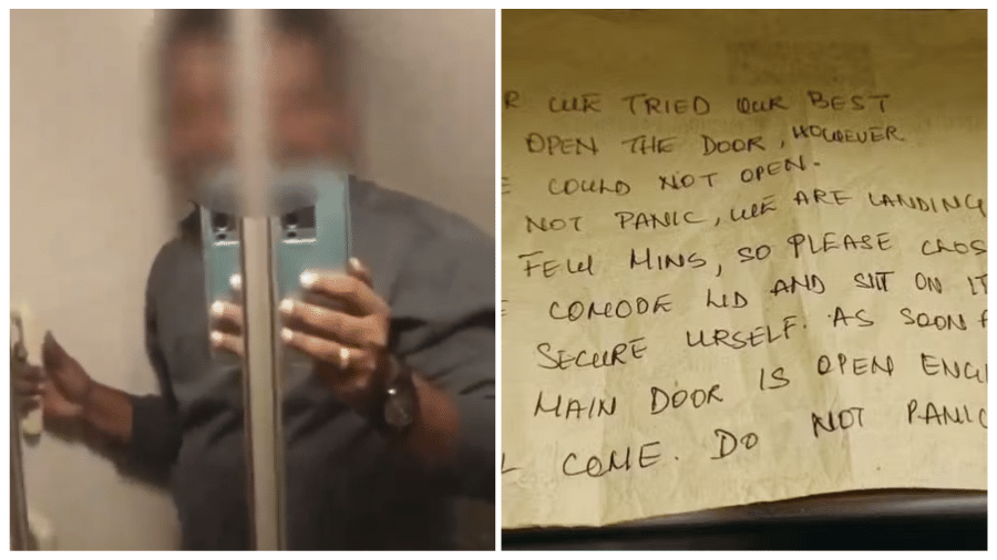 Sem conseguir abrir a porta do banheiro para libertar o passageiro, a tripulação escreveu um bilhete para acalmá-lo