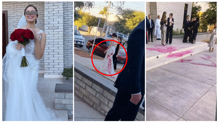 A noiva preparava-se para entrar na igreja quando os homens apareceram e jogaram tinta em seu vestido