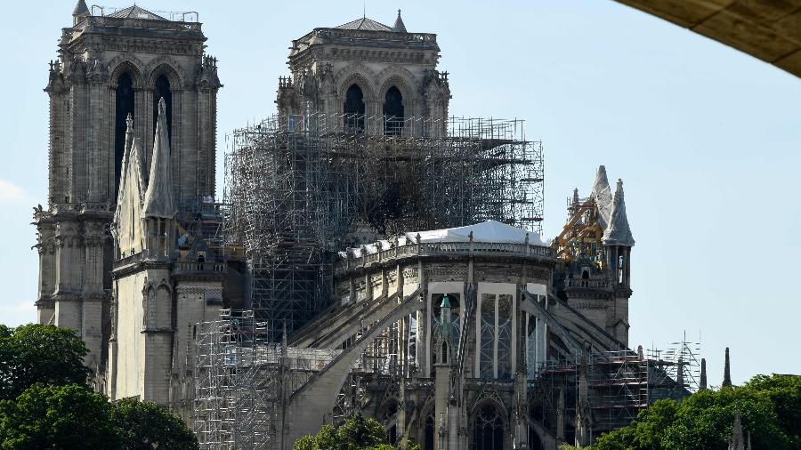 31.mai.2019 - Catedral de Notre Dame passa por reparos após incêndio que destruiu seu teto uma de suas torres - Bertrand Guay/AFP