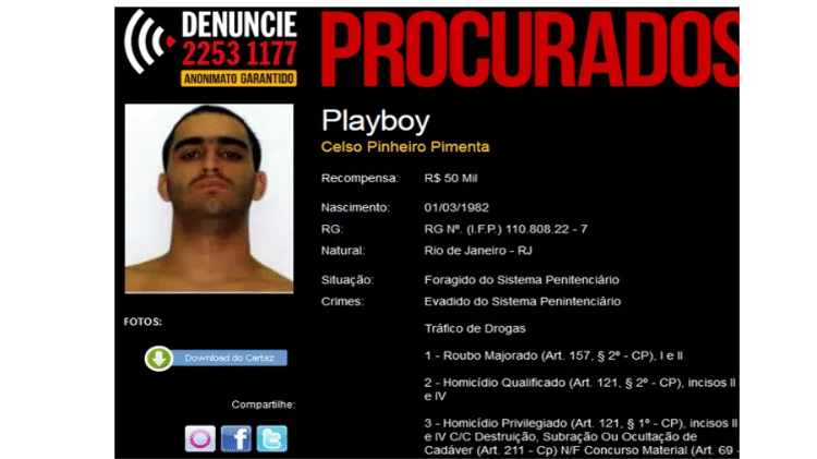 Celso Pinheiro Pimenta, também conhecido como Playboy, liderava a facção criminosa ADA (Amigos dos Amigos)