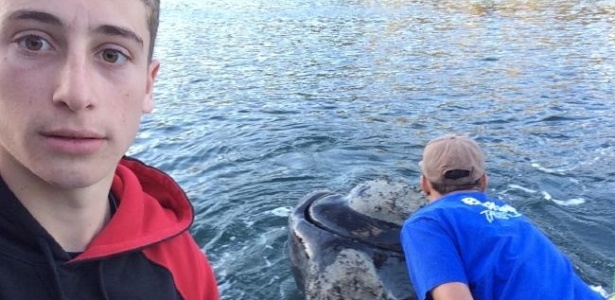 Jovens pescadores tiram selfie com baleia em Sydney - Reprodução/Michael Riggio