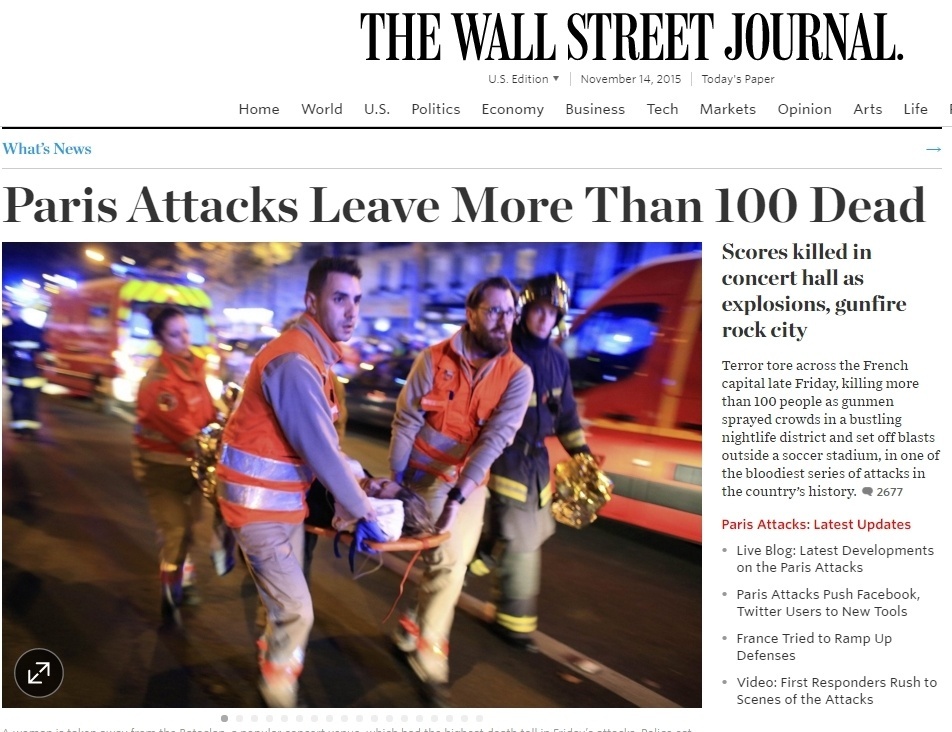 14.nov.2015 - Jornal de maior circulação dos EUA, o The Wall Street Journal, na sua versão online, aponta que a série de atentados desta sexta foi o maior da história da França - Reprodução