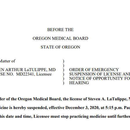 05.12.2020 --  Conselho Médico do Oregon suspende registro de médico que se recusava a usar máscara contra Covid-19 - Reprodução/Oregon Medical Board