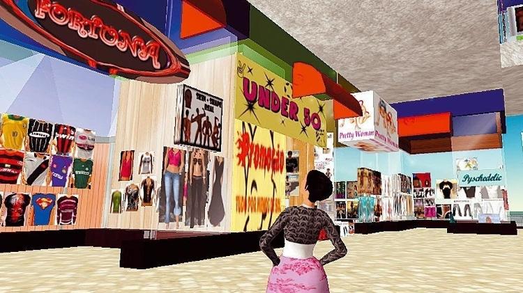An avatar looks at the windows of a Brazilian market place on the web application Second Life, in 2008 - Reproduction - Reproduction
