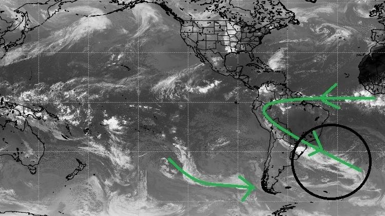 Mapa com setas mostram os dois sistemas climáticos atuando