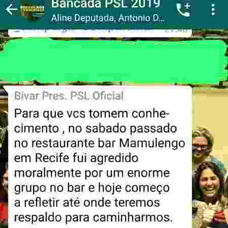 Mensagem de Luciano Bivar, presidente do PSL, aos colegas do partido no grupo de Whatsapp da bancada no Congresso - Reprodução