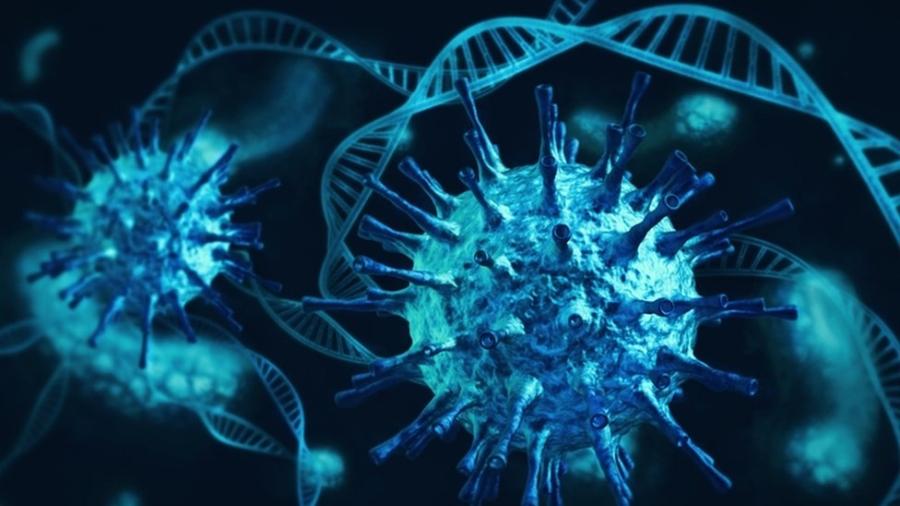 Ilustração de um vírus e de cadeias de DNA - Getty Images