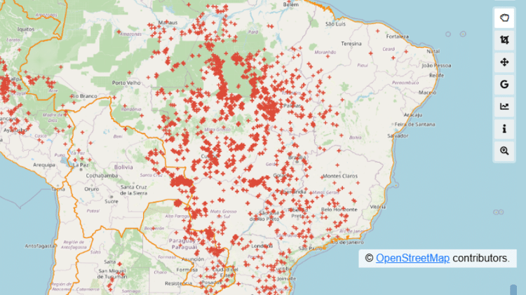 Detalhe do mapa do Programa Queimadas mostra concentração dos focos de incêndios atualmente no Brasil