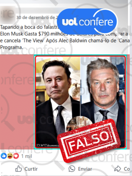 07.jan.2025 - Musk não comprou ABC e nem foi chamado de 'canalha' por Alec Baldwin