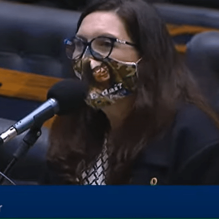 A deputada Bia Kicis (PSL-DF) usa máscara onde se lê: "E daí?" - Reprodução/TV Câmara