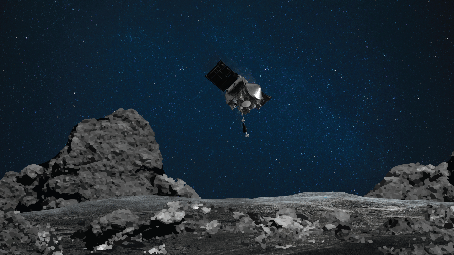 Ilustração mostra sonda Osiris-REx na órbita do asteroide Bennu