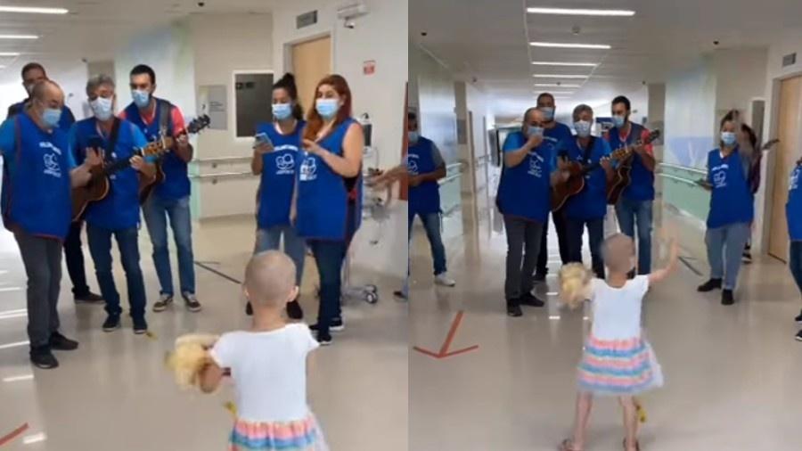 Yara canta e dança ao som de "Let it Go" com a equipe do hospital após vencer o câncer.  - Reprodução/Instagram