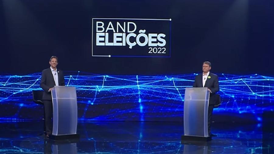 Fernando Haddad (PT) e Tarcísio de Freitas (Republicanos) durante debate na Band - Reprodução/TV Bandeirantes