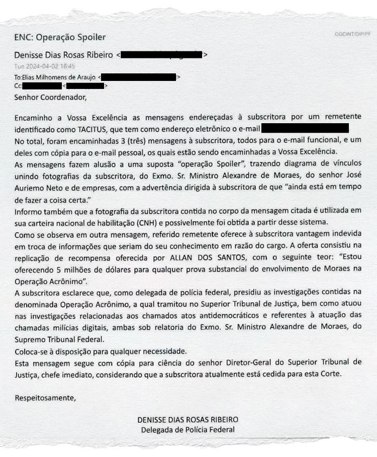 Delegada relatou ameaças em email encaminhado à PF